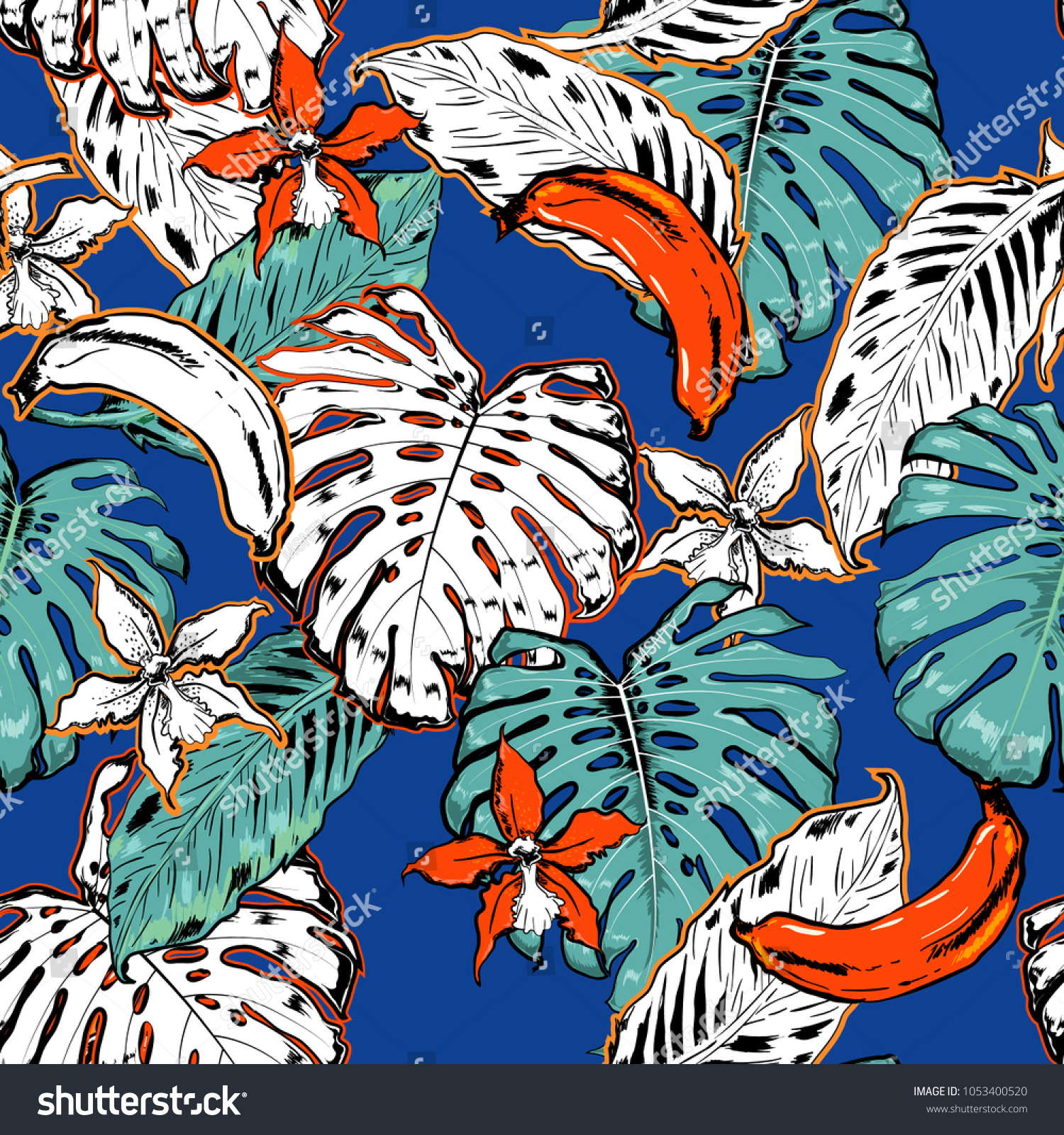 Hand drawn seamless pattern with tropical outline and palm leaves on electric blue background. Black and white mix with fresh orange colorful line forest Vector sketch.