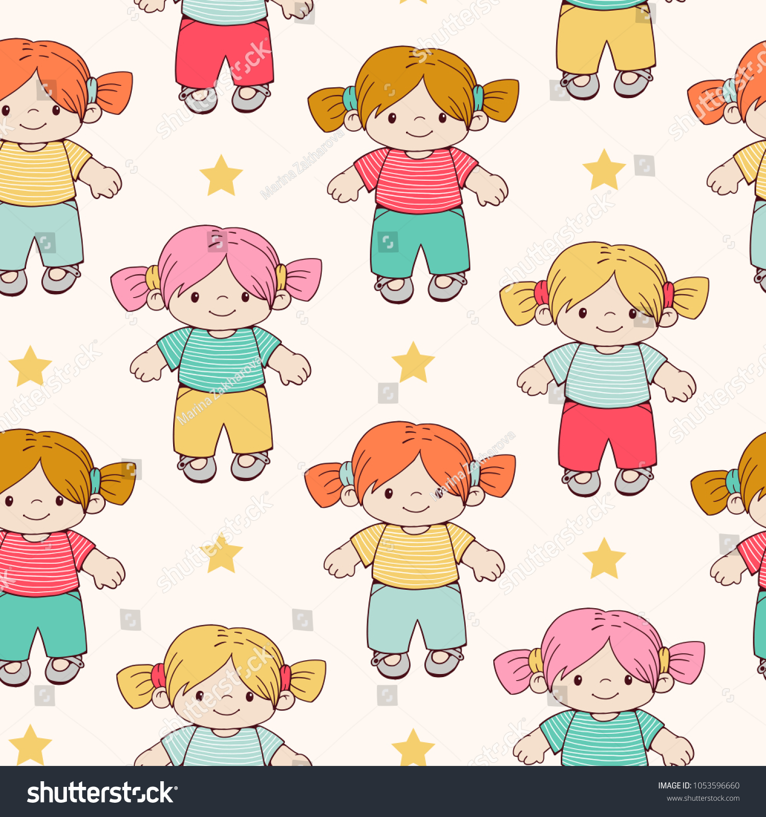 Seamless pattern with dolls.  Hand-drawn  illustration.