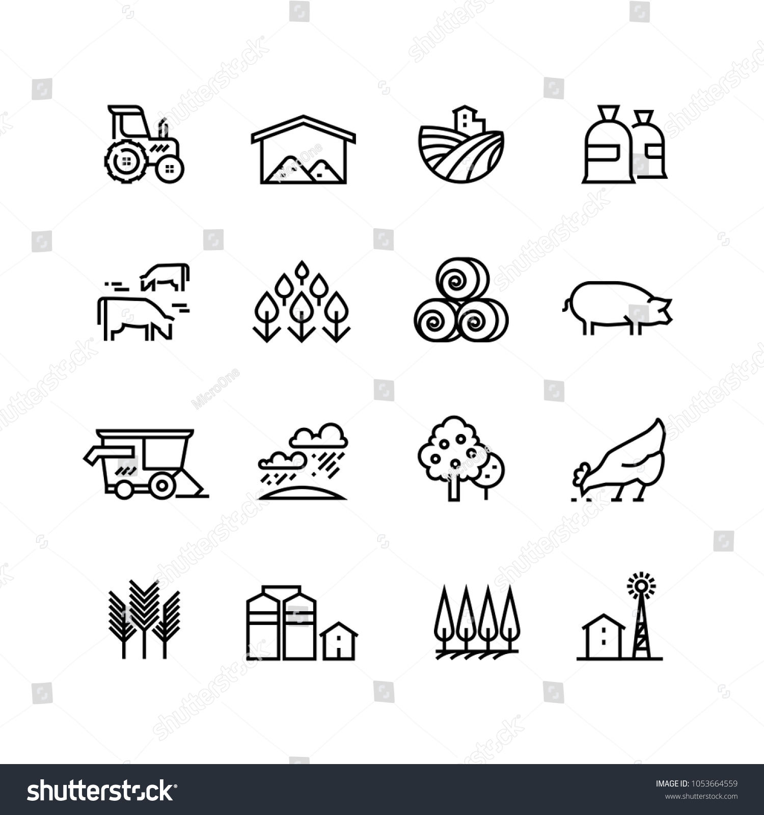 Farm harvest linear icons. Agronomy and farming pictograms ...