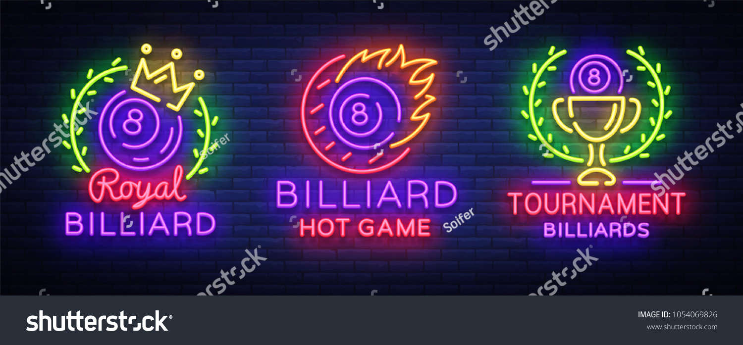 Billiards collection of logos neon style. Neon signs set design template for Billiard bar  club  beer and billiards  royal  light banner  night neon advertisement  design element. Vector illustration