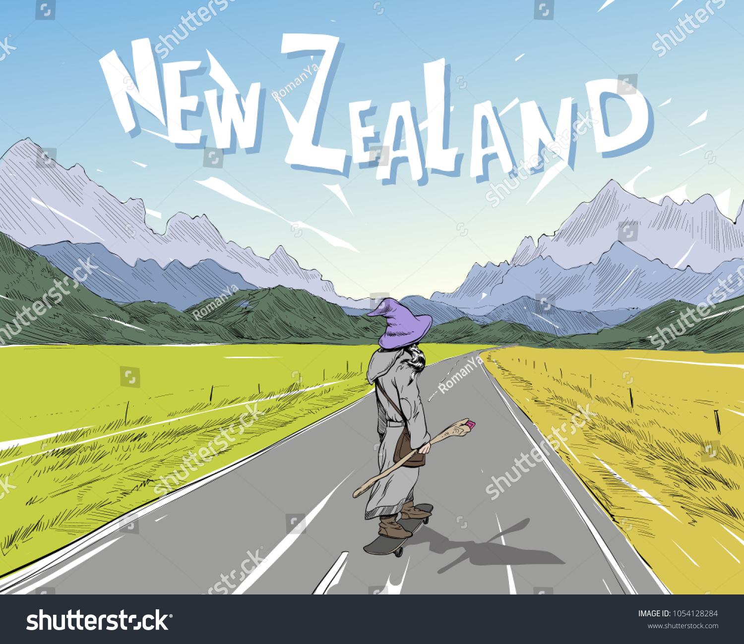 Wizard is riding on skateboard on the road among the mountains. New Zealand. Beautiful landscape.Design fashion printing for clothes. Hand drawn vector illustration.