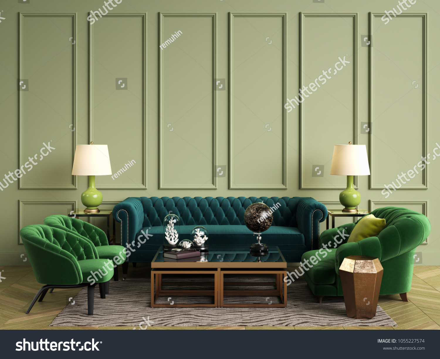 Classic interior in green colors. Olive walls with mouldings. Floor parquet herringbone rug with pattern.Copy space.Digital ilustration.3d rendering