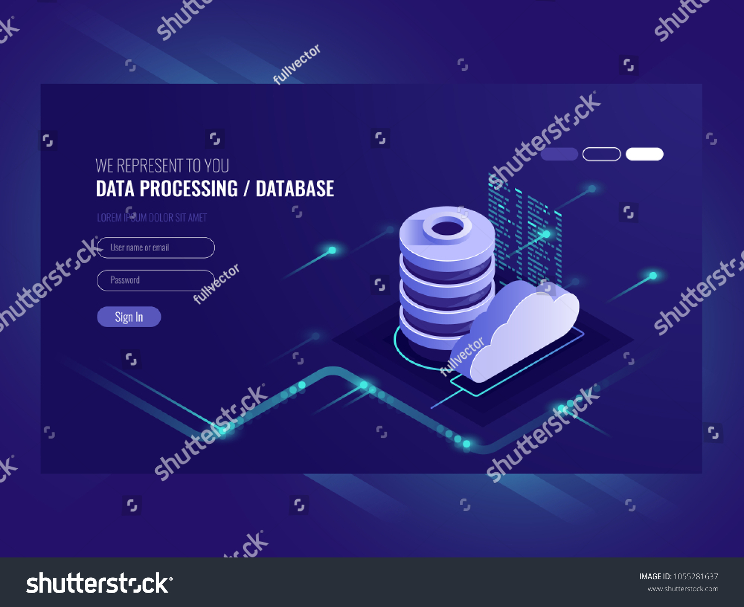 Big data flow processing concept  cloud database  isometric vector  web hosting and server room icons ultraviolet