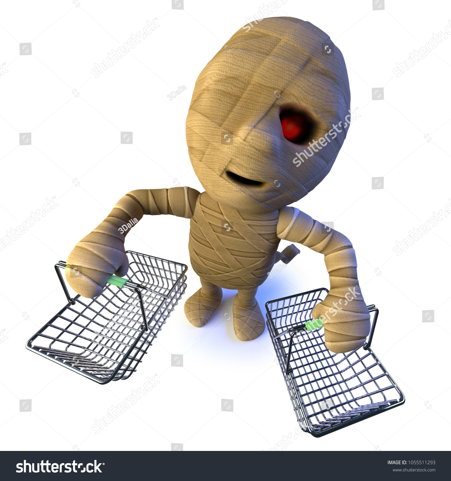 3d render of a funny cartoon Egyptian mummy monster character carrying shopping baskets