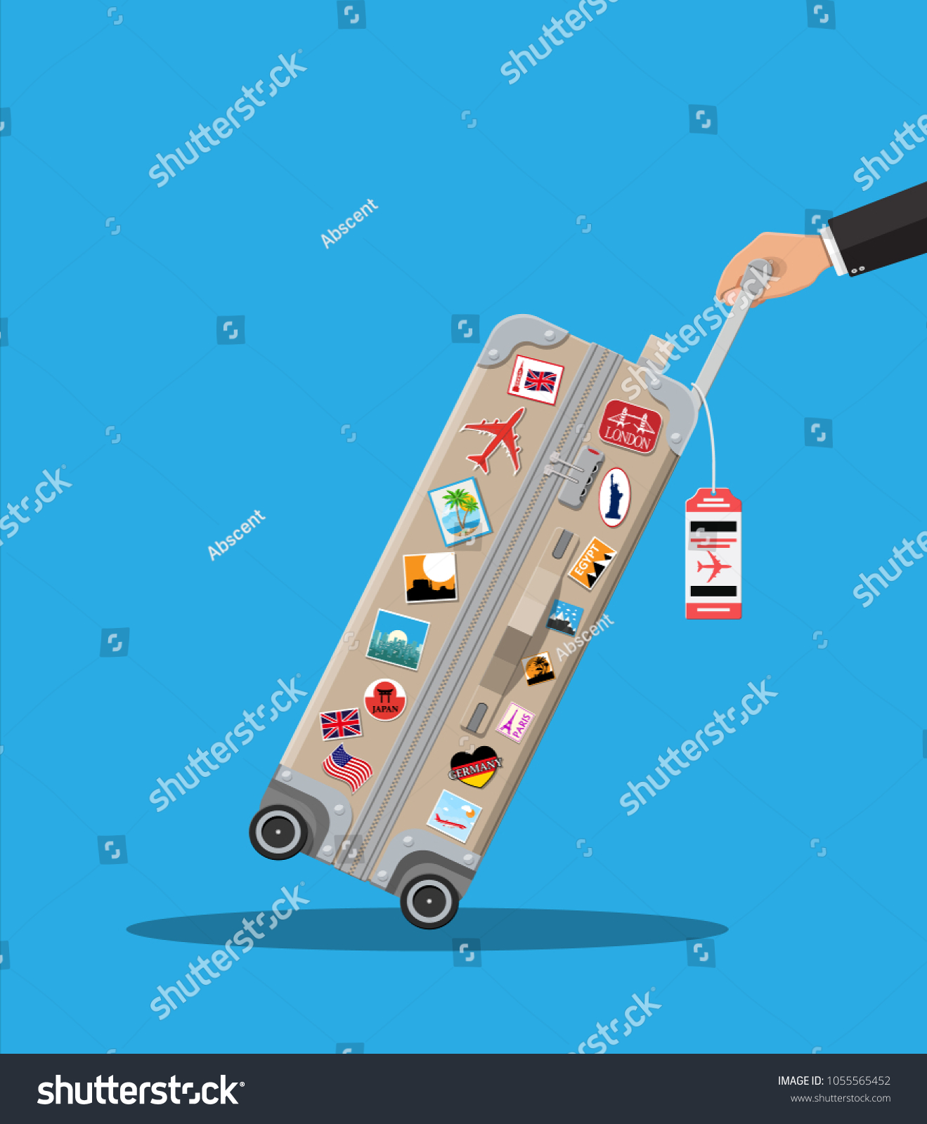 Travel bag in hand. Plastic case with stickers. Trolley on wheels. Labels of countrys and citys all over the world. Baggage and luggage. Vector illustration in flat style