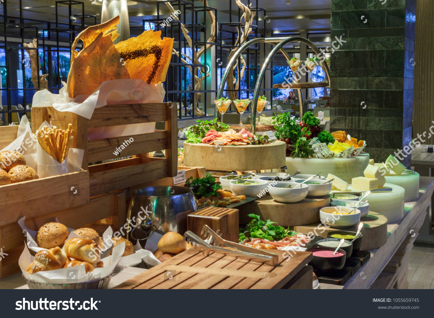 beautiful setup of bread and salad bar station at seafood market