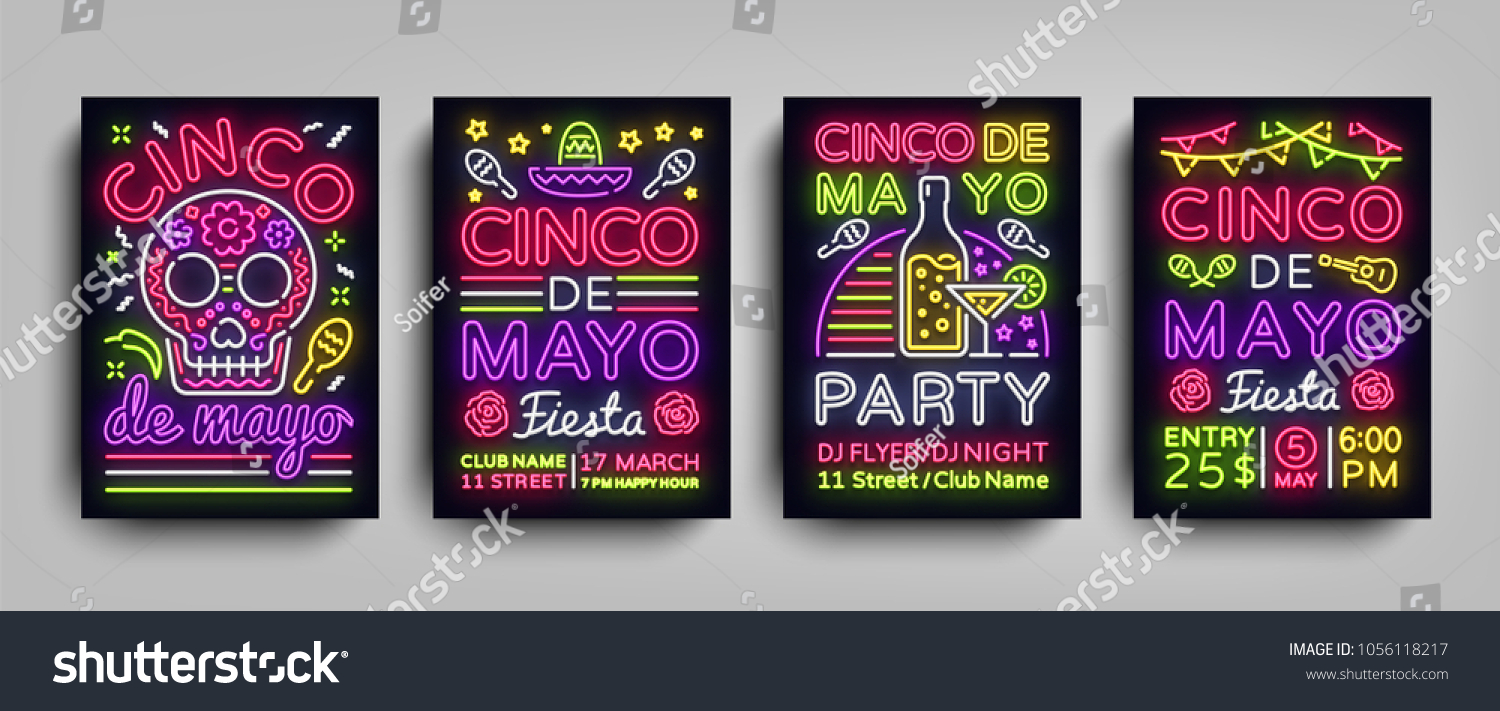 Cinco de Mayo Collection posters in neon style. Set Design Templates Flyers invitation for Sinco de Mayo Celebration  Brochure Neon  Light Banner  Typography Mexican Fiesta Party. Vector illustration