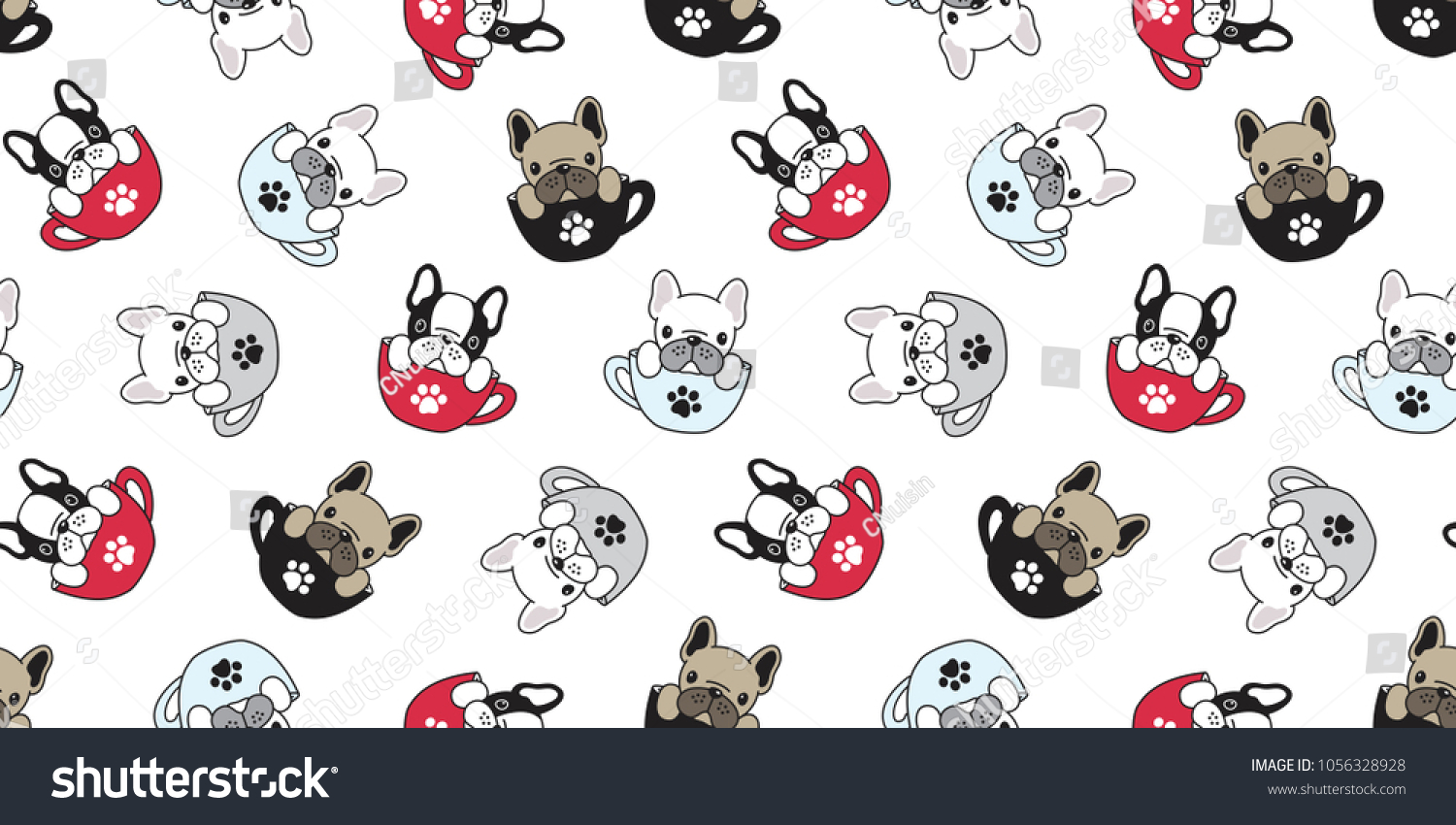 Dog seamless pattern french bulldog pug isolated cup paw puppy wallpaper background