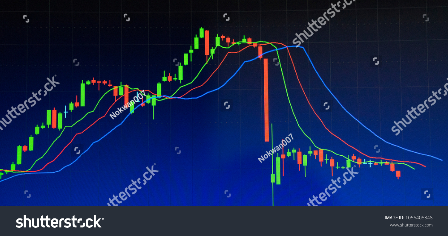Technical price graph and indicator  red and green candlestick chart on blue theme screen  market volatility  up and down trend. Stock trading  crypto currency background.