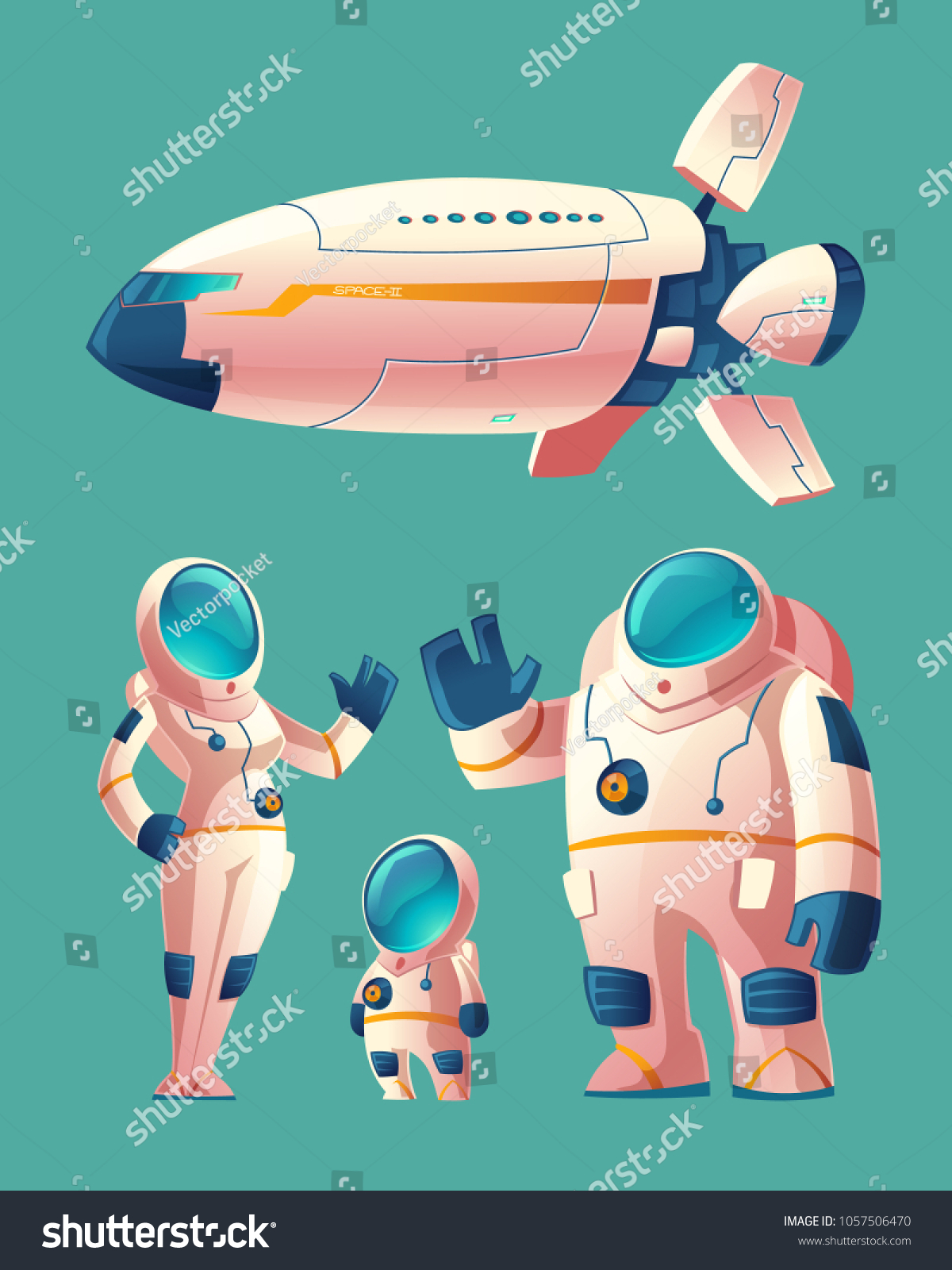 Vector spaceman family  people in spacesuit - woman  man  child with space ship  shuttle. Colonization concept  colony on planet  star. Cosmonauts  astronauts in futuristic clothes