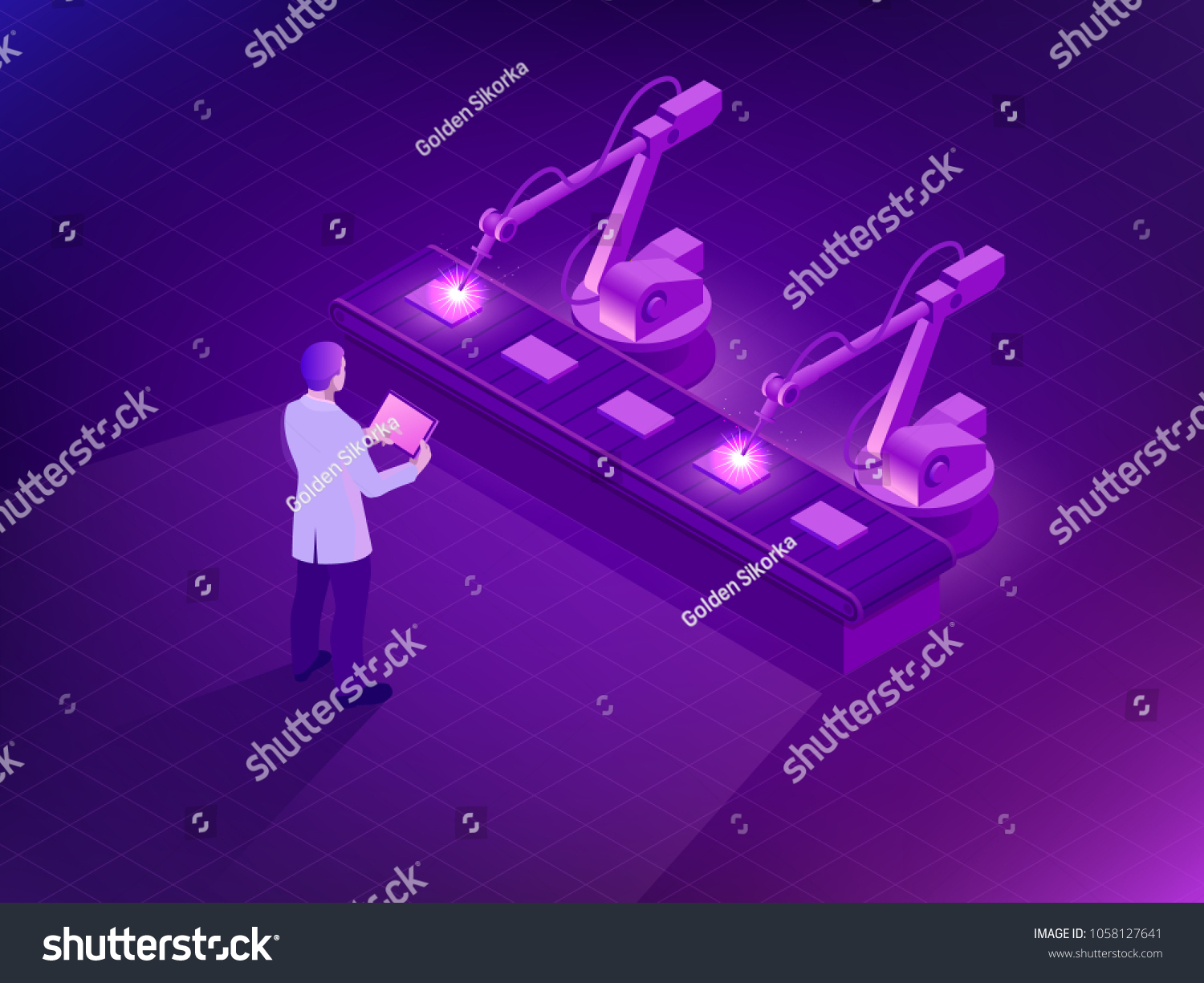 Isometric Industrial robot working in factory. Man holding a tablet with Augmented reality screen software and of automate wireless Robot arm in smart factory background. Vector illustration.