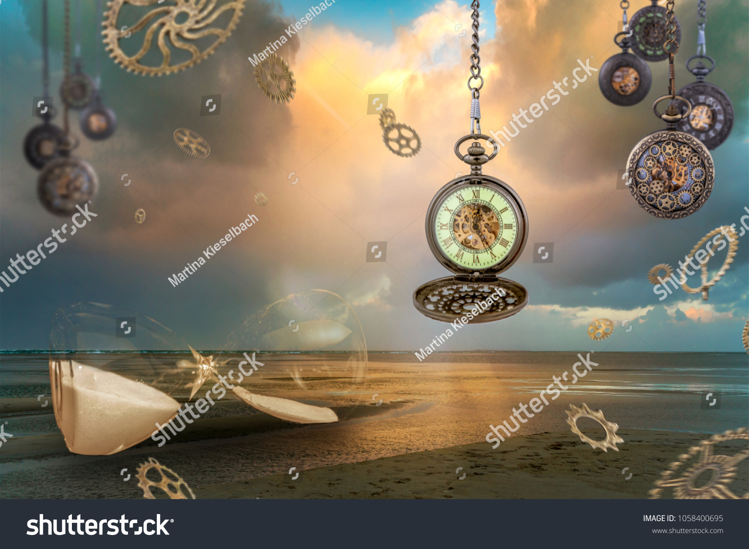 "The Tides" is a surreal fantasy image with different clocks and the sea.