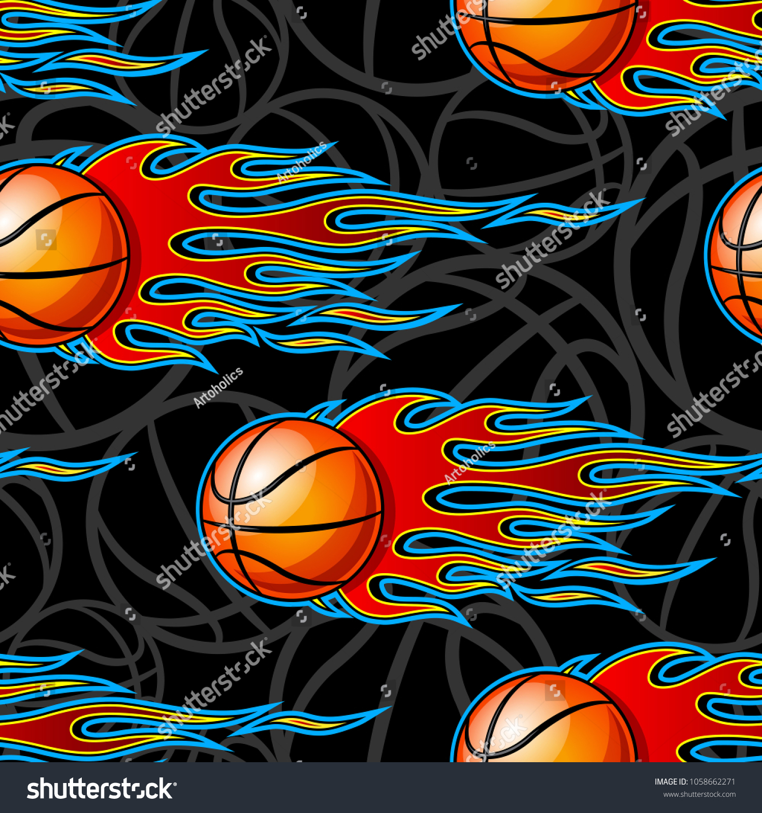 Seamless pattern with basketball ball and hot rod flame. Vector illustration. Ideal for wallpaper  cover  packaging  fabric  textile  wrapping paper design and any kind of decoration.