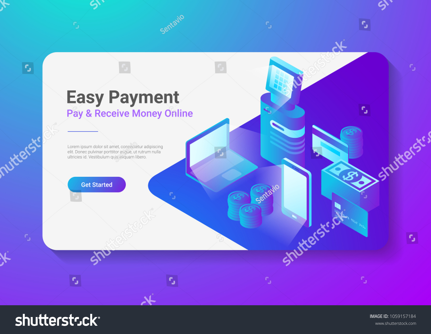 Isometric Flat Online Payment by Smartphone Laptop POS Terminal with Credit Debit Card Coins Cash Money.