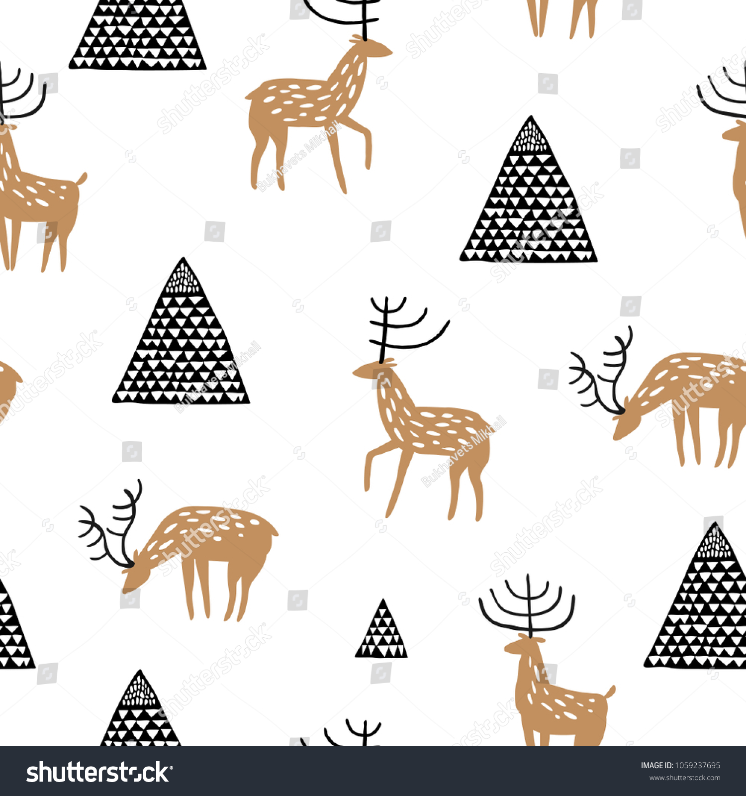 Baby seamless pattern with hand drawn deers and mountains. Creative vector childish background for fabric  textile  nursery wallpaper.