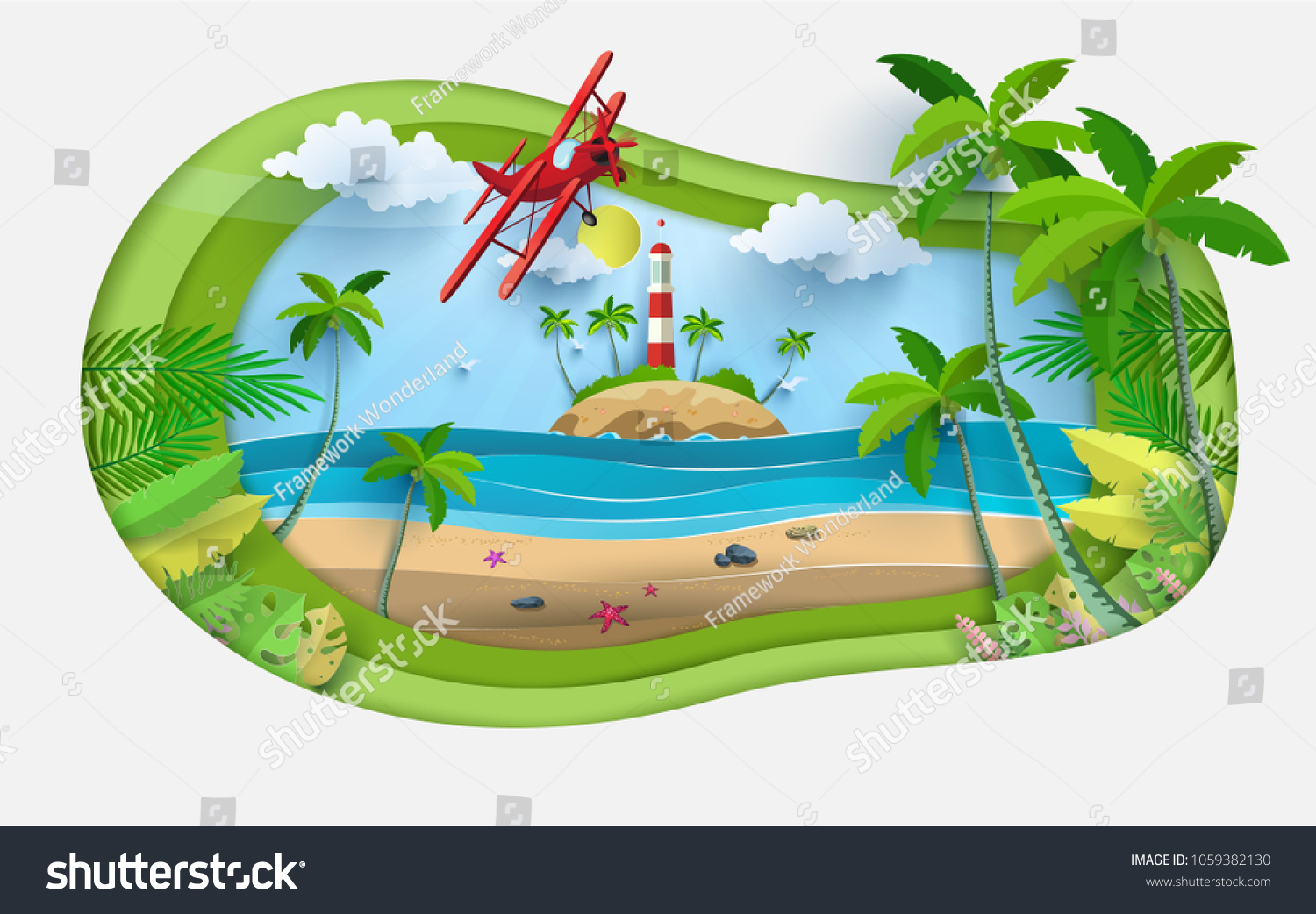 Vector illustration on a summer holiday. beautiful views of the beach. there are lighthouses and airplanes. paper art style