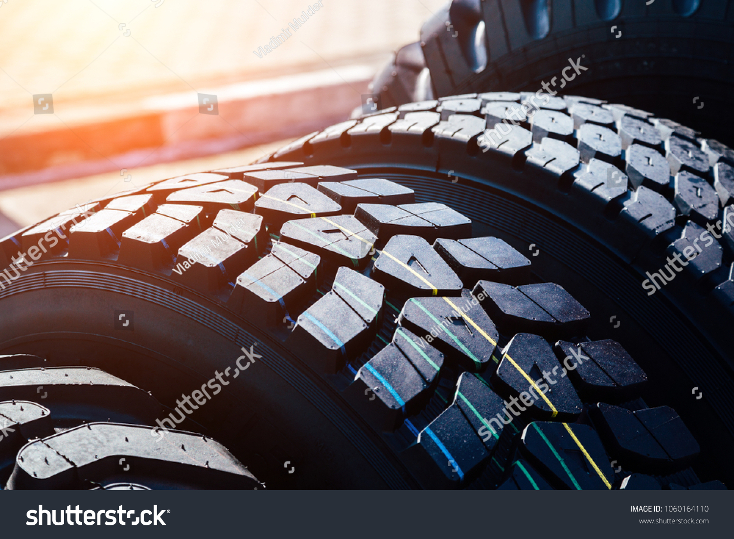Clean new modern truck tire. Close up view of surface.