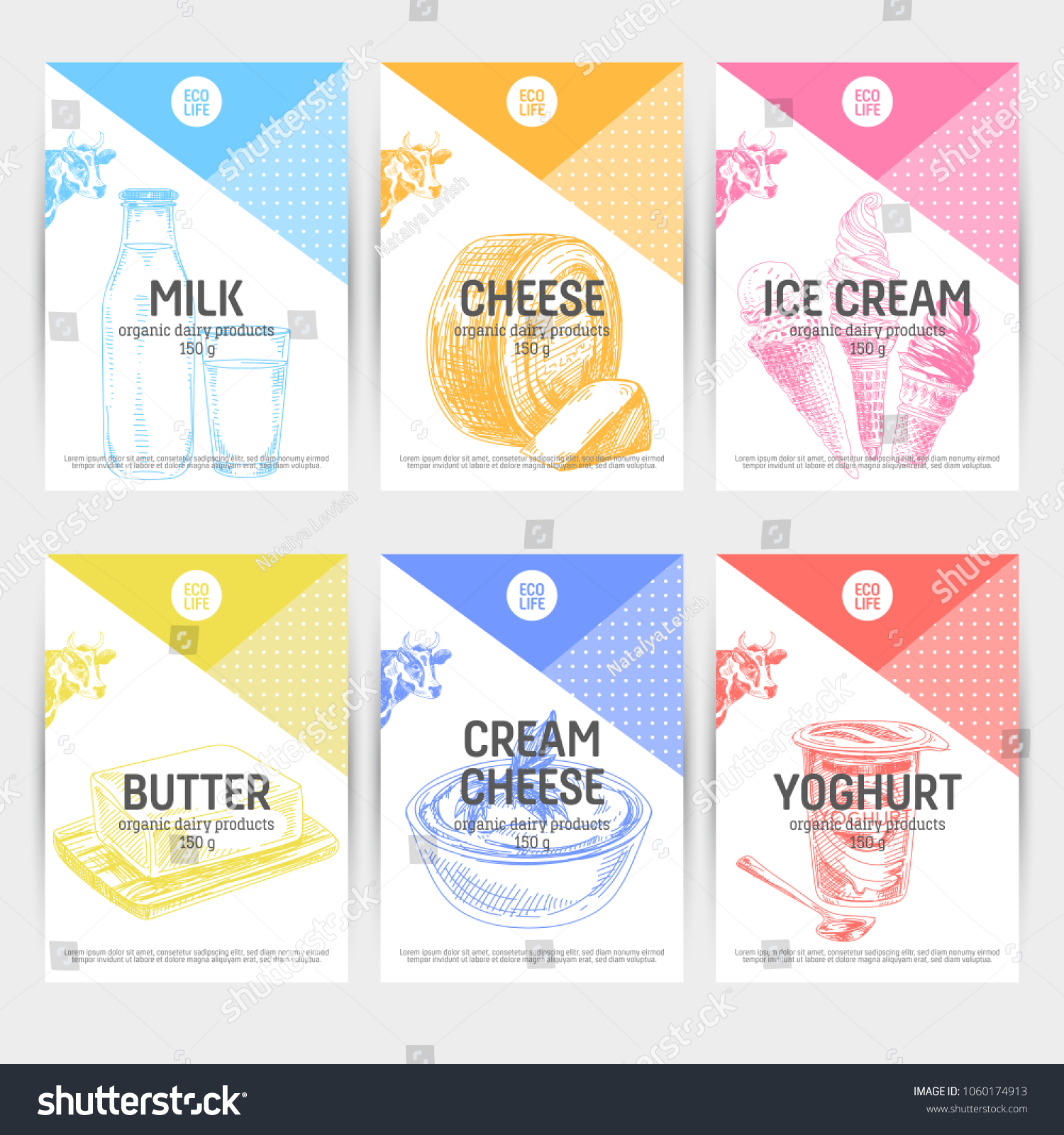 Beautiful vector hand drawn dairy products card set. Detailed trendy style backgrounds. Modern sketch elements collection for packaging design.