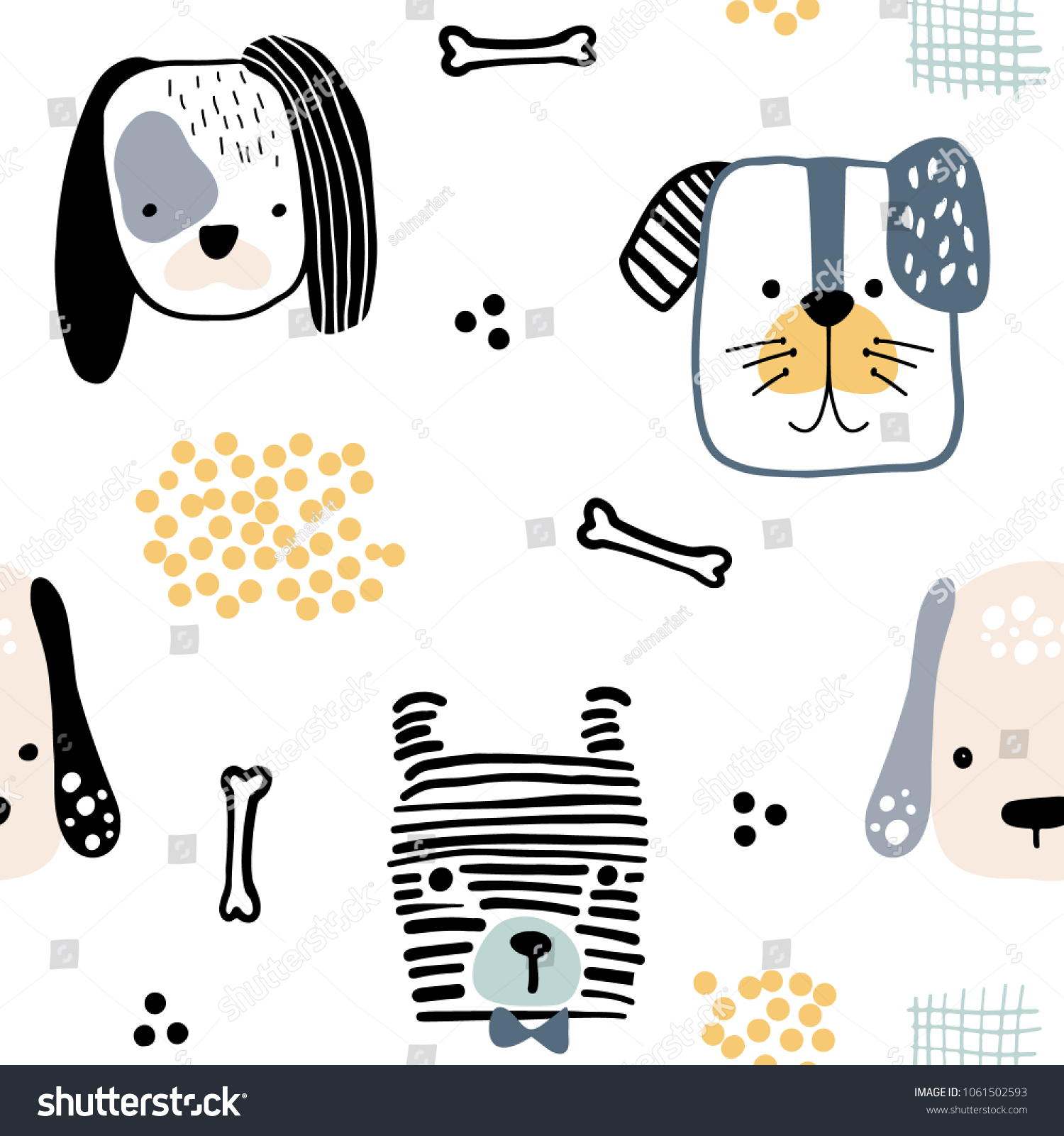 Seamless pattern with cute dog faces and hand drawn elements. Creative childish texture. Great for fabric  textile Vector Illustration