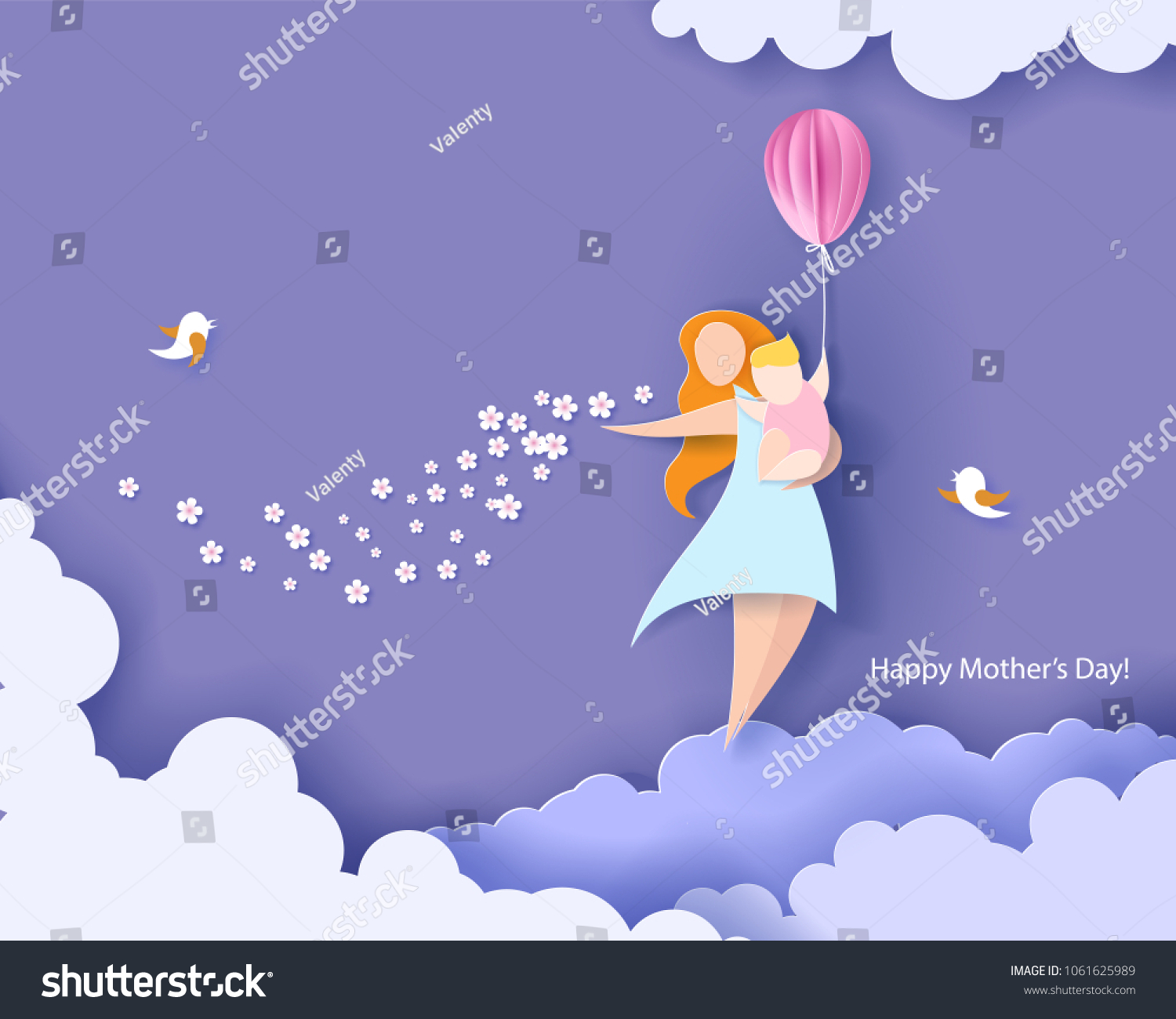 美丽的女人和她的孩子。母亲节快乐。剪纸样式。矢量图