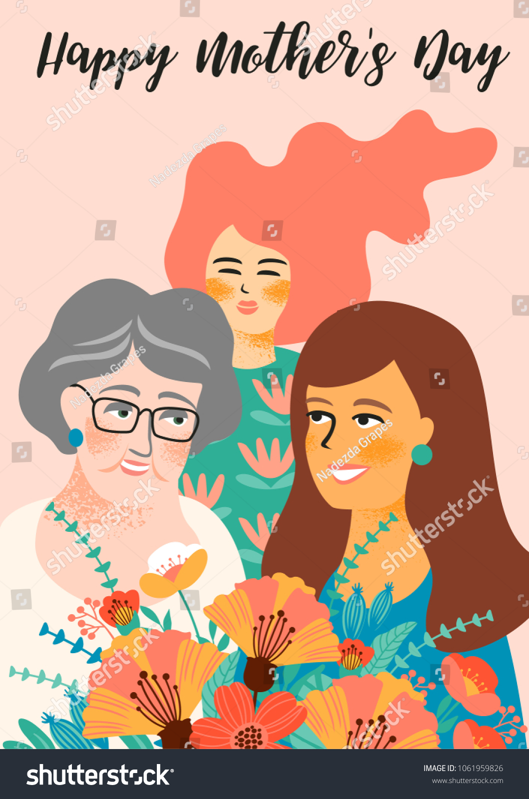 Happy Mothers Day. Vector illustration with women and flowers. Design element for card  poster  banner  and other use.