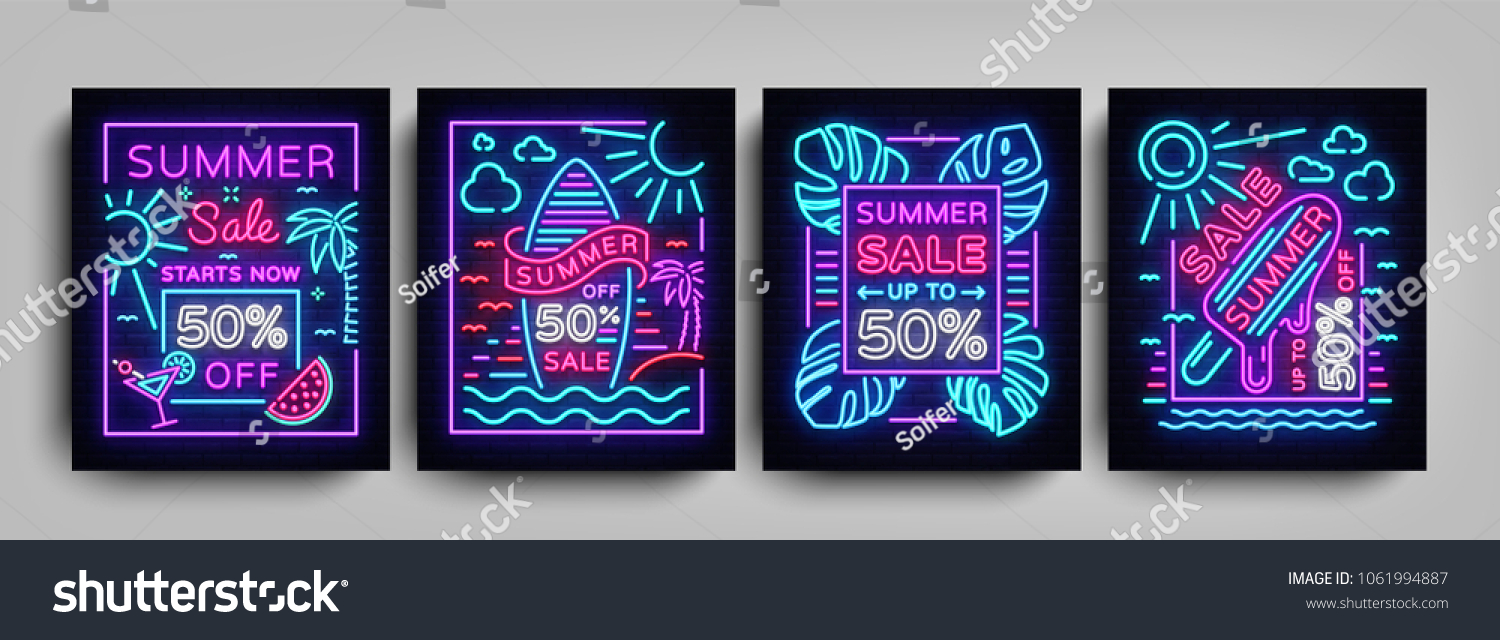 Summer sale collection posters in neon style. Set neon signs Summer sales  Design template Summer discounts  light banner  brochure  Night bright advertising sale and discount. Vector illustration