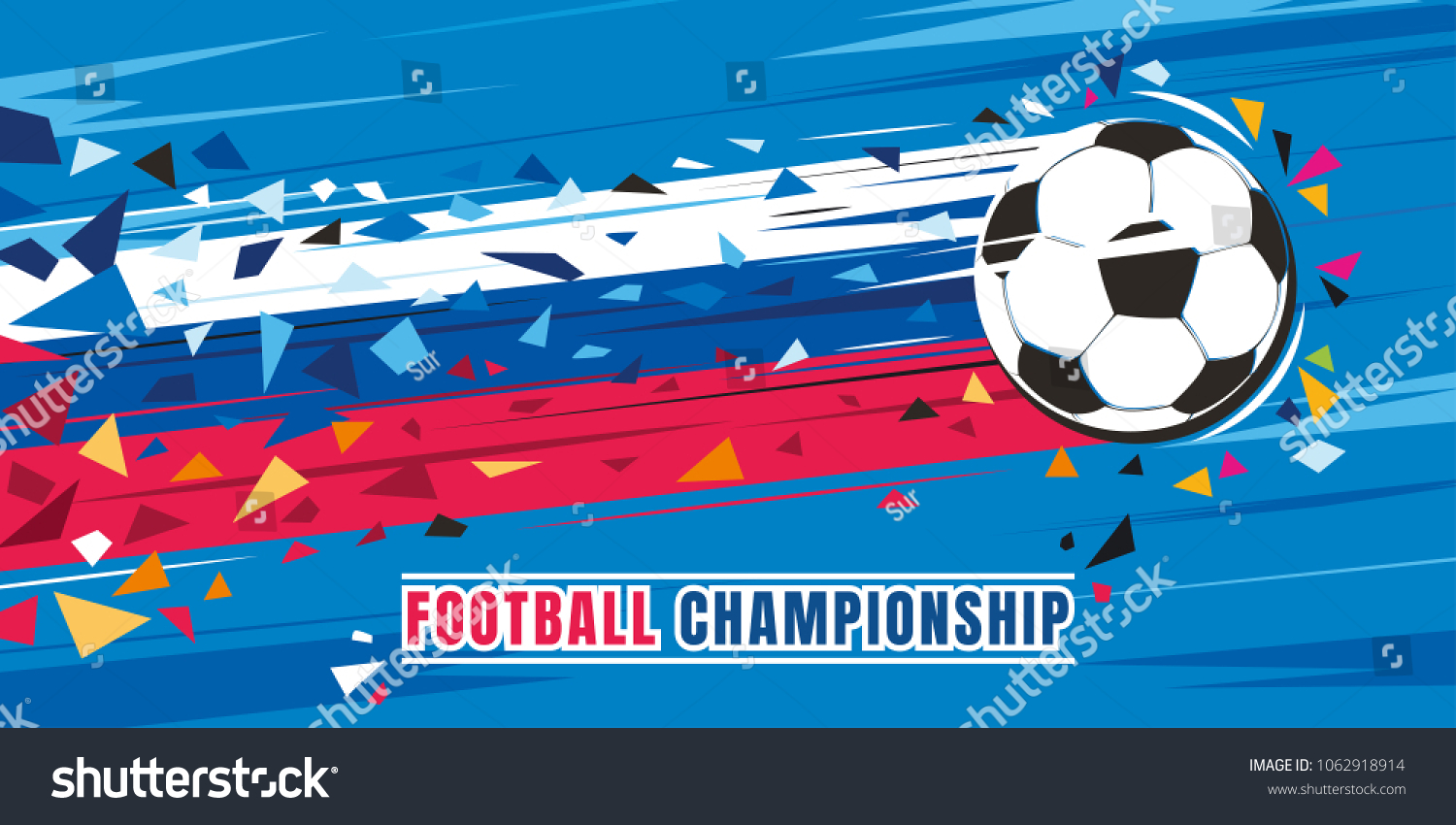 Football championship concept vector illustration. Flying soccer ball with russian flag speed trace