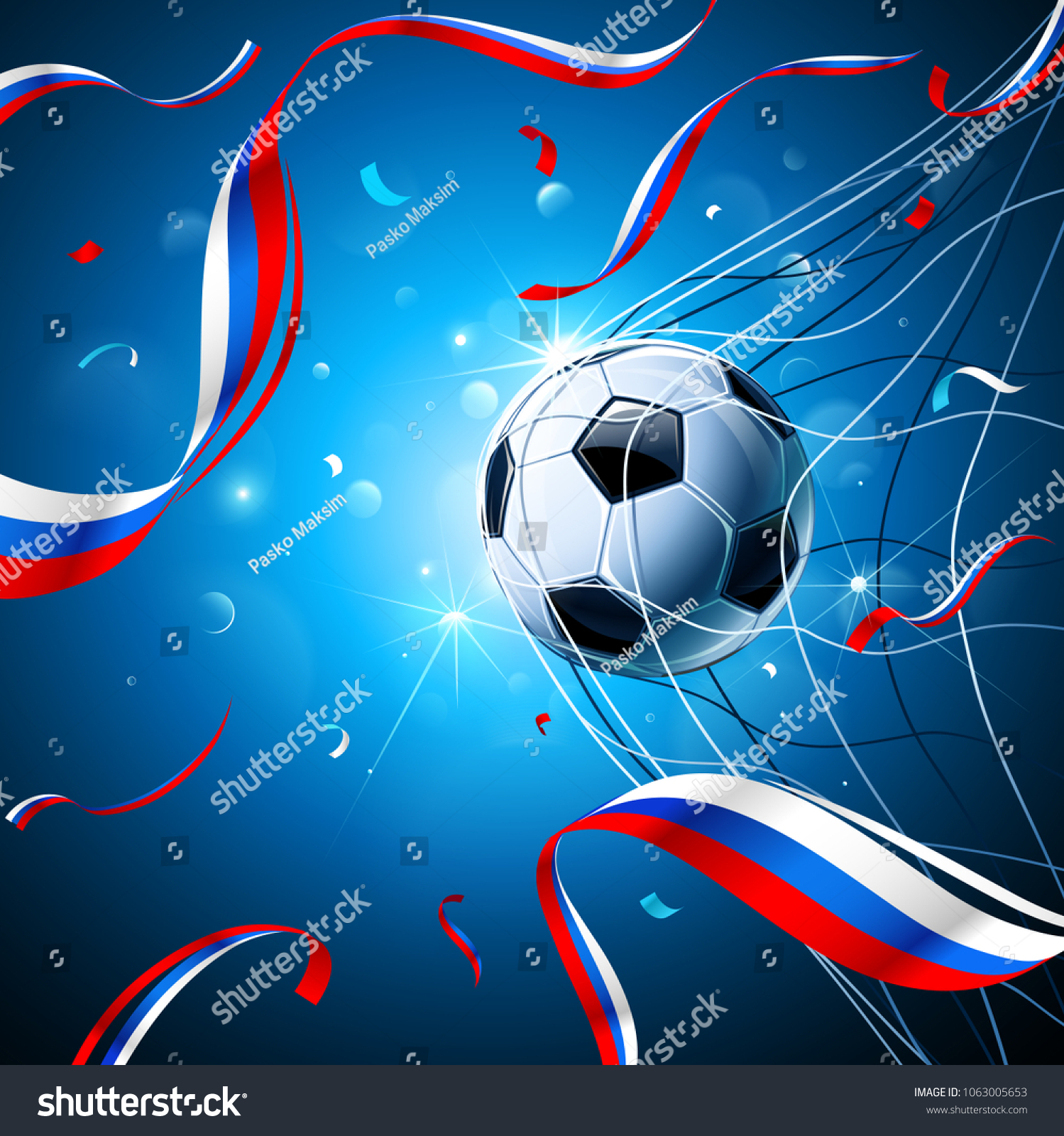 Soccer Ball with Flag of Russia and Confetti on a Blue Background. Vector illustration