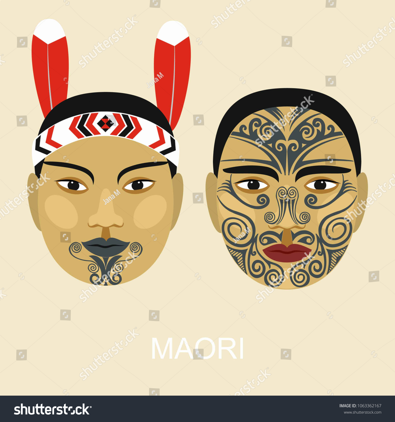 Native people. Maori. The tattoo on a face. Portrait of a man and a woman. Vector illustration.