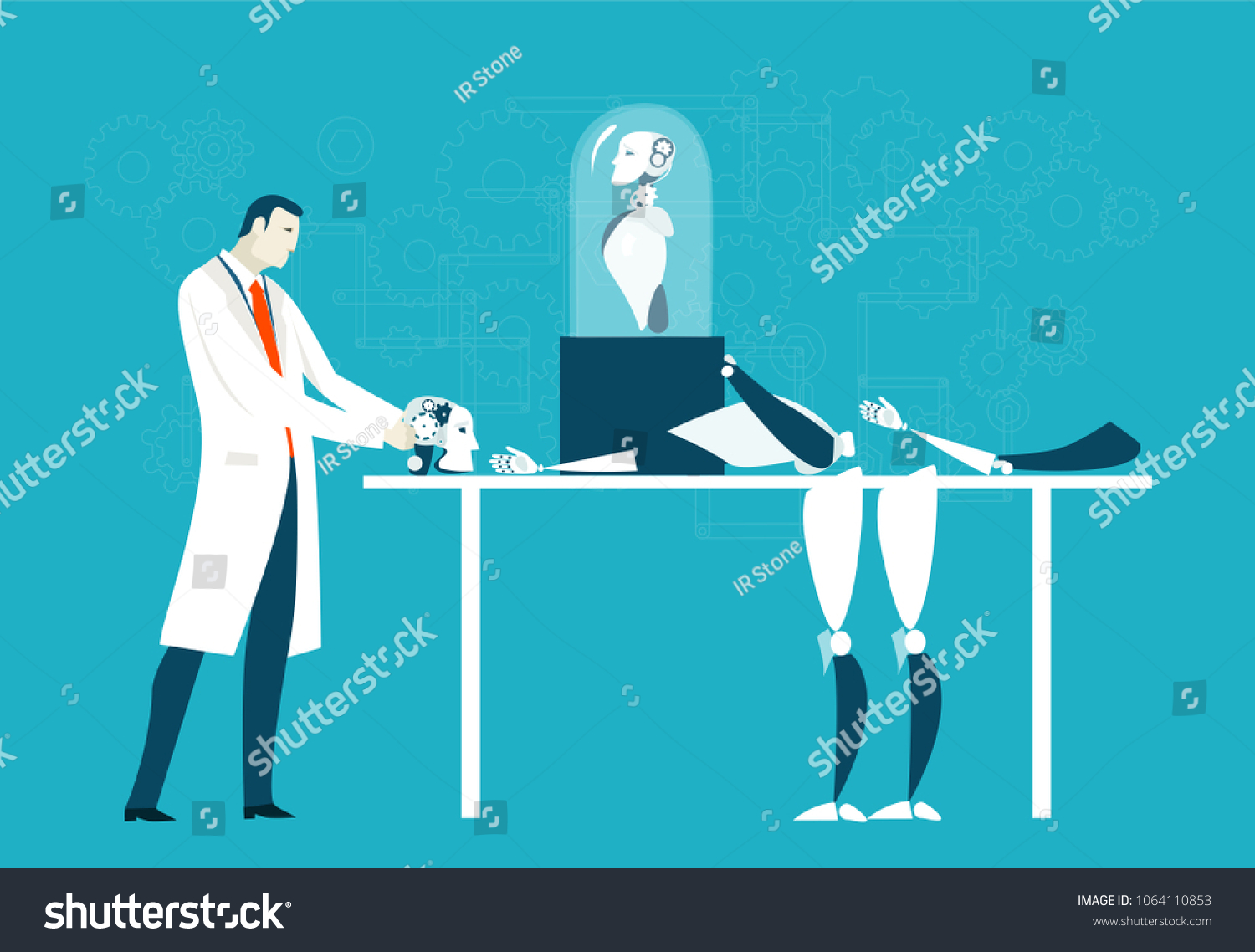 Scientist working on artificial intellect  robot.  Future reality. Artificial organs and pieces of body. Lasting forever life concept illustration 