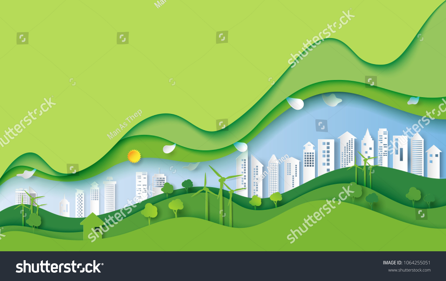 Ecology and environment conservation creative idea concept design.Green eco urban city and nature landscape background paper art style.Vector illustration.