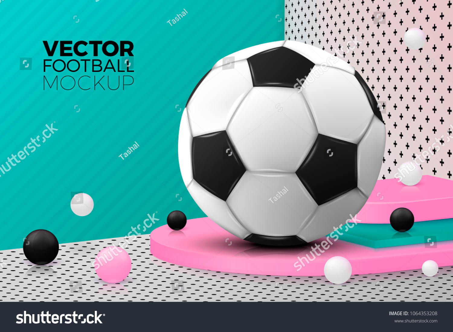 Vector 3d realistic corner wall abstract scene with text  podium and football ball  pink  white  black and green balls and objects.