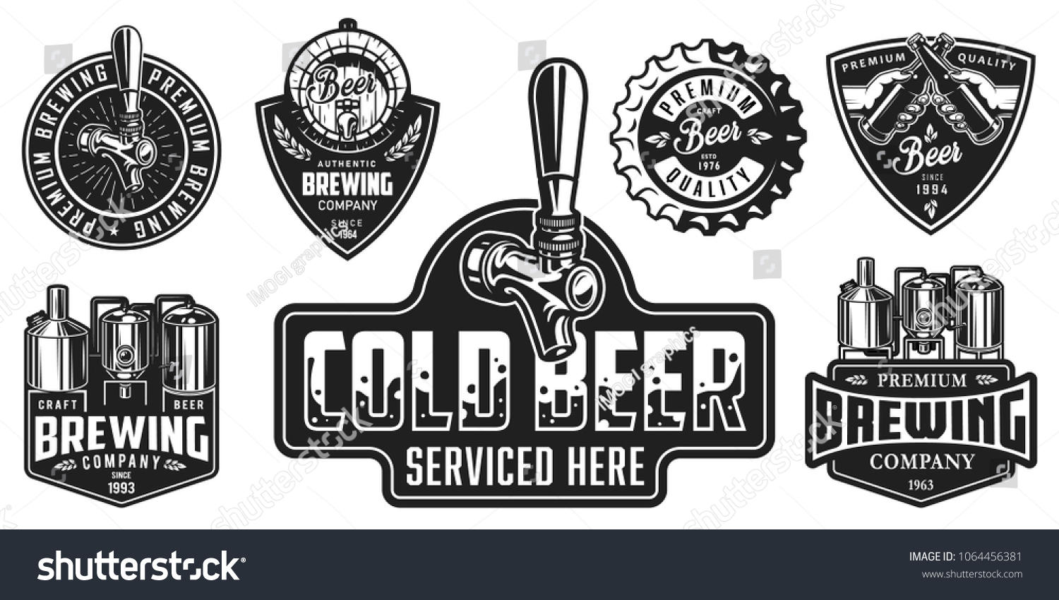 Set of badges with beer equipment in monochrome style. Vector illustration.