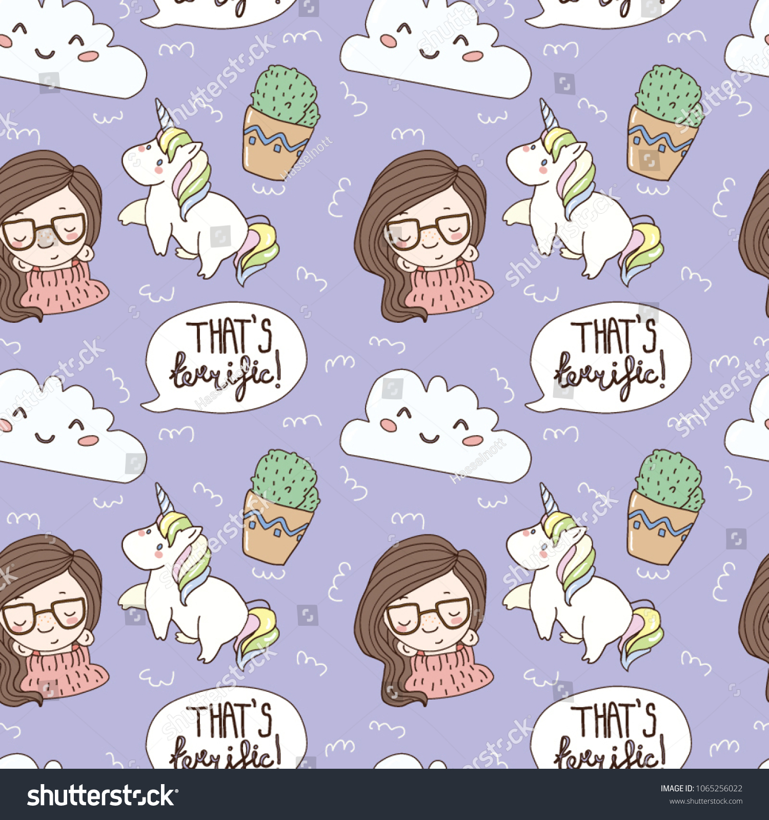 Seamless pattern with different objects and a girl in vector/ unicorn  cloud  lettering