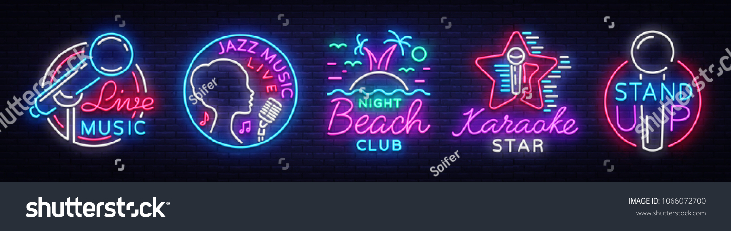 Set neon signs symbols. Live Music  Jazz Music  Nightclub Beach  Karaoke  Stand up logos and emblems. Bright Symbols  Light Banner  Night Bright Advertising Nightlife. Vector illustration