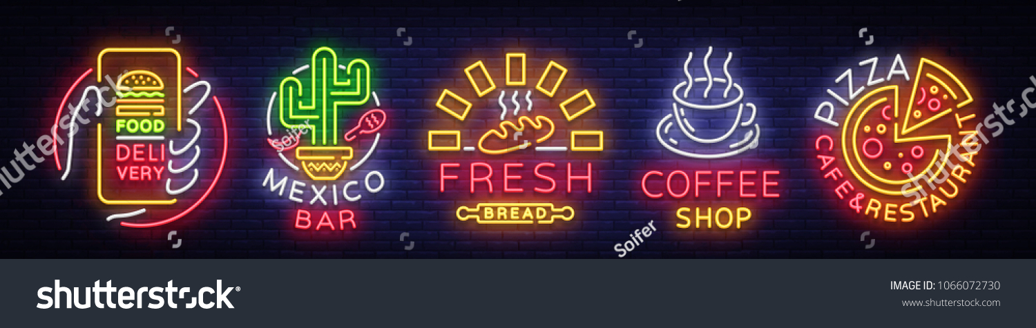 Set Fast Food Logos. Collection neon signs  Street Food  Food Delivery  Mexico Bar  Fresh Bread  Coffee shop  Pizza Cafe Restaurant. Design elements for food  neon banner. Vector illustration