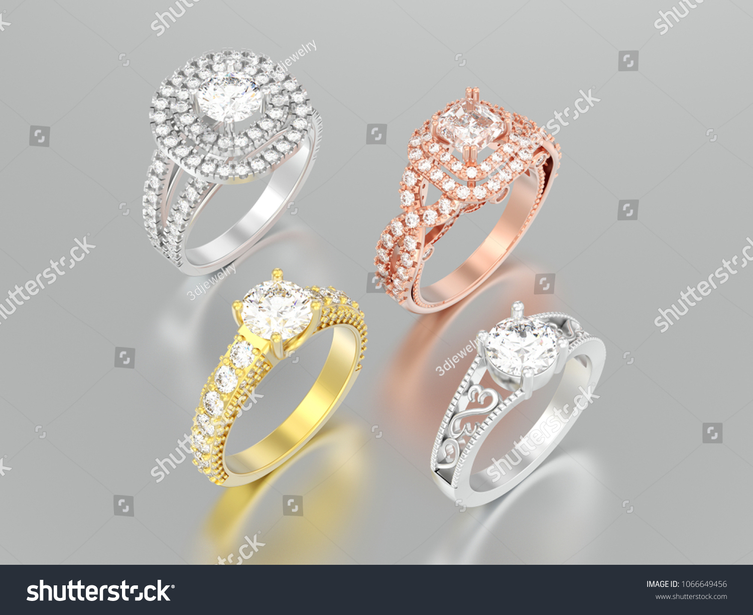 3D illustration four different gold or silver decorative diamond rings ...