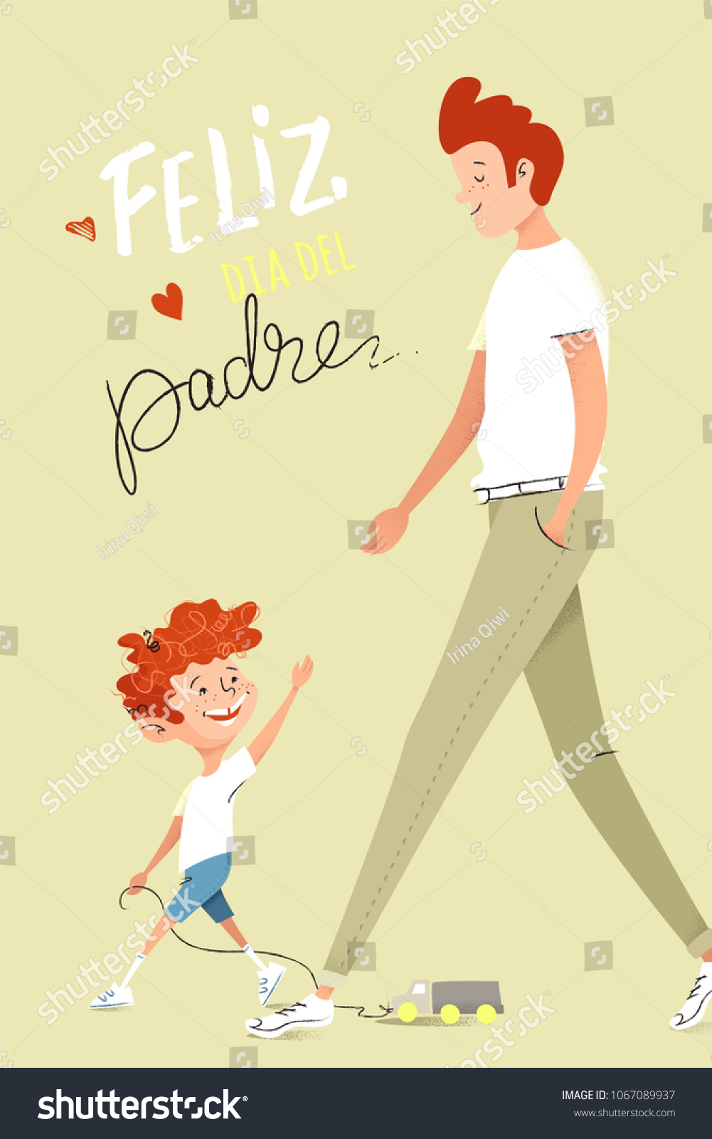 Father and son walking together. Text Happy father`s day written in spanish. Cartoon vector illustration