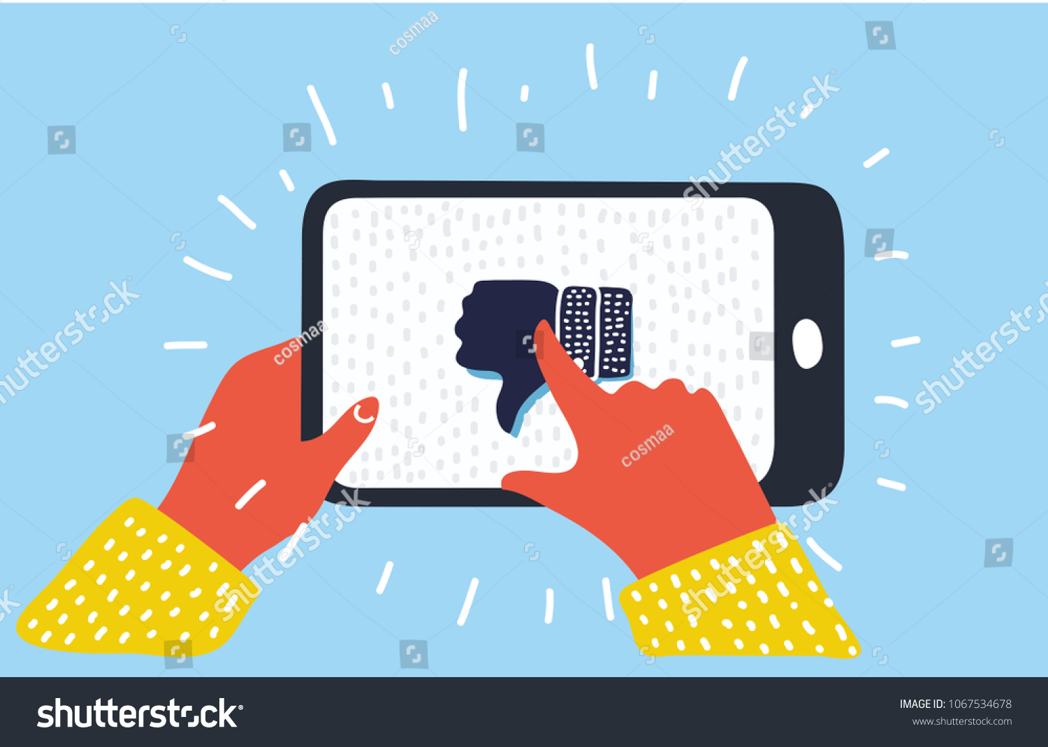 Vector cartoon illustration of Hand holding smartphone with dislike on screen. Thumbs down. Human hand give rate. Social network and media on mobile phone. Modern graphic elements