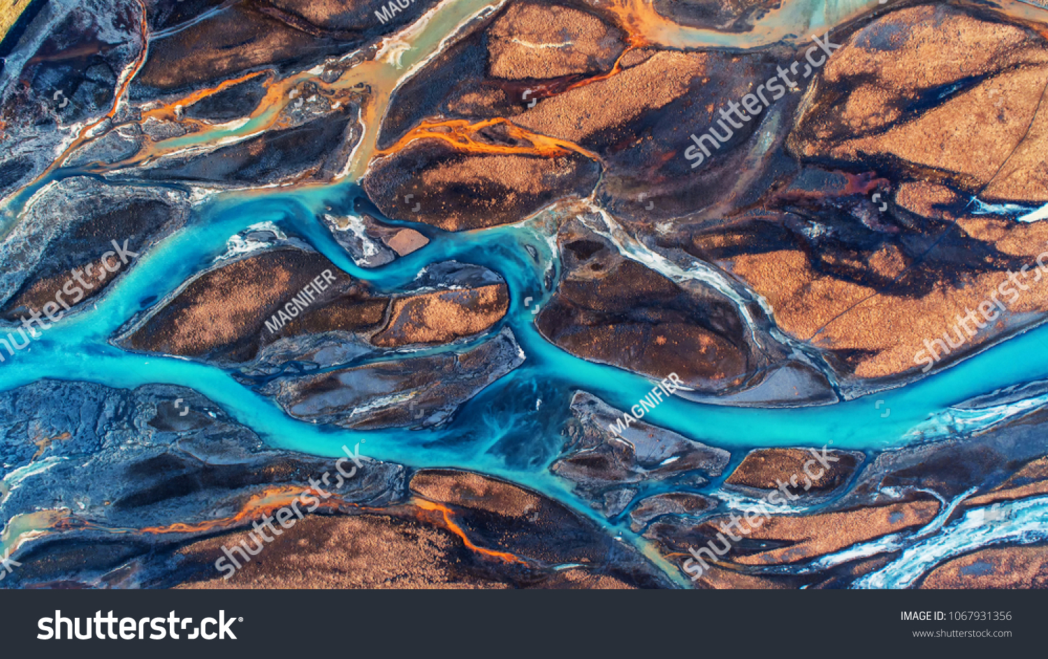 Aerial view and top view river in Iceland. Beautiful natural backdrop.