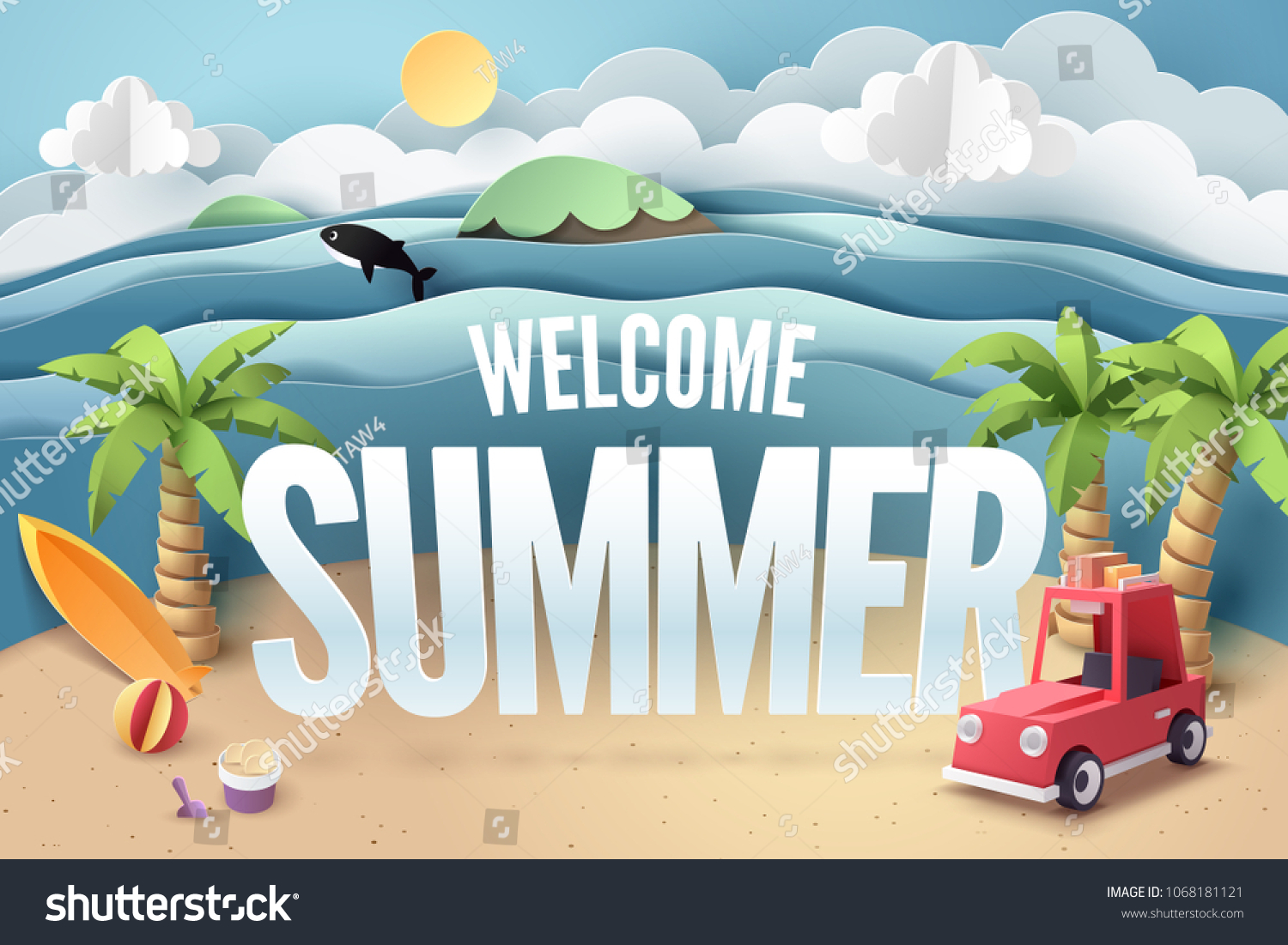 Paper art of red car park at beach with welcome summer text  origami and travel concept  vector art and illustration.