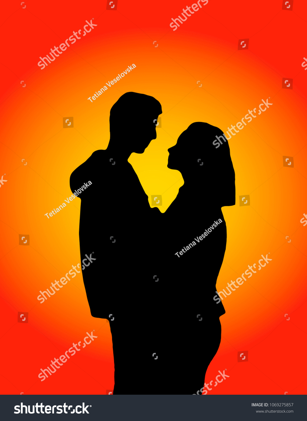 Silhouette a happy couple hug look holding each other. St. Valentine's Day anniversary wedding. Romantic sunset sunny vector greeting card - black and white isolated figure stamp  stencil  print