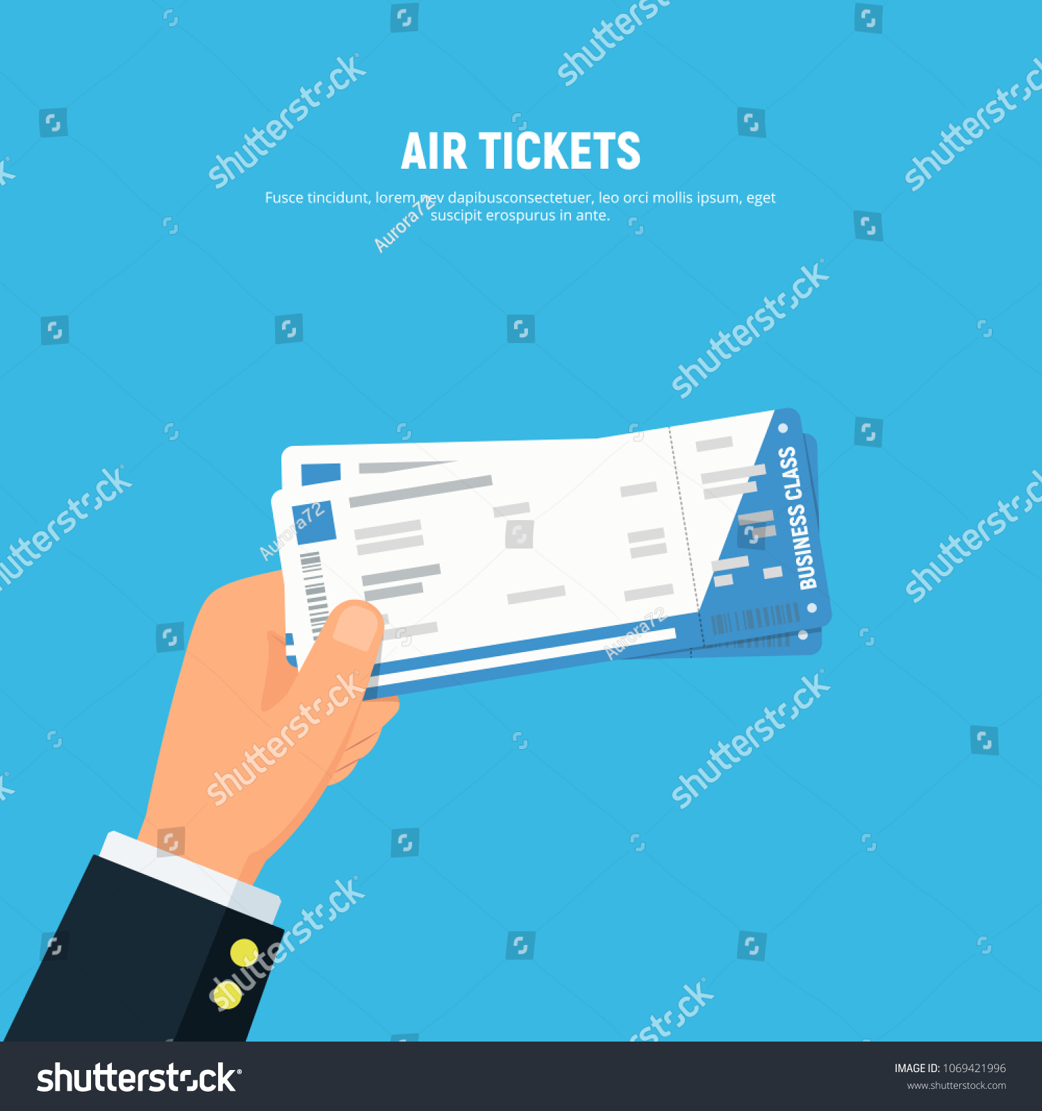 Close-up businessman hand holding air boarding tickets. Airline boarding tickets business class. Travel and business trips concept. Vector illustration in flat style.