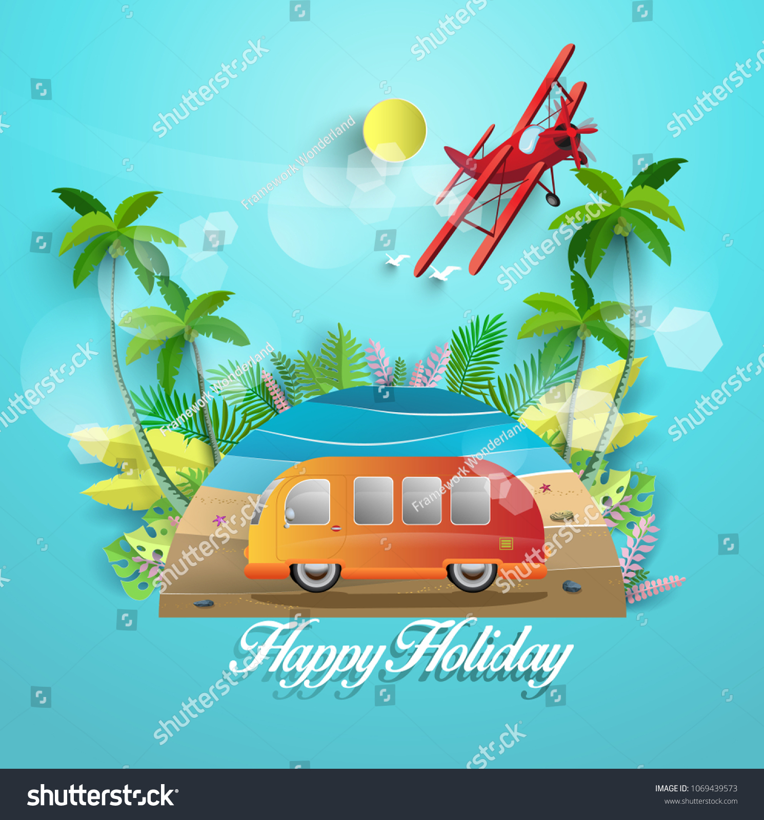 Vector illustration in summer. beautiful beach scenery and tropical trees. holidaying by car. paper art design