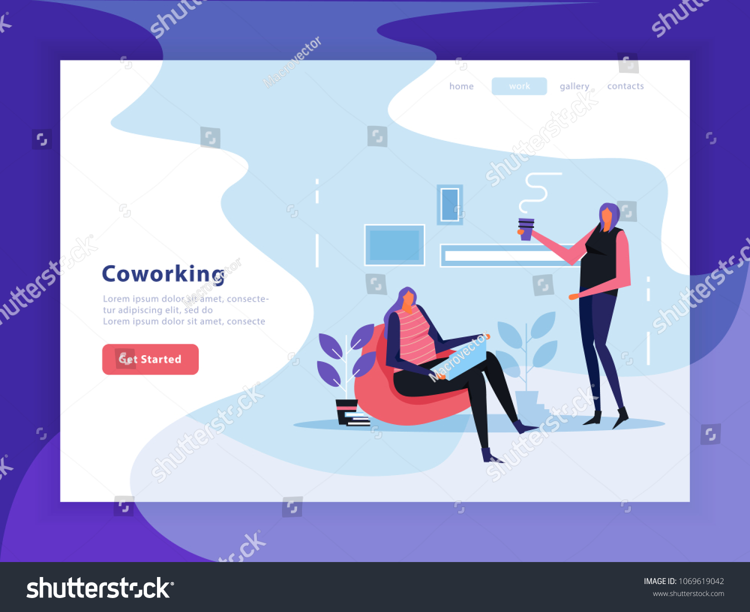 Coworking landing page with interface elements of web site  female creative team flat vector illustration 