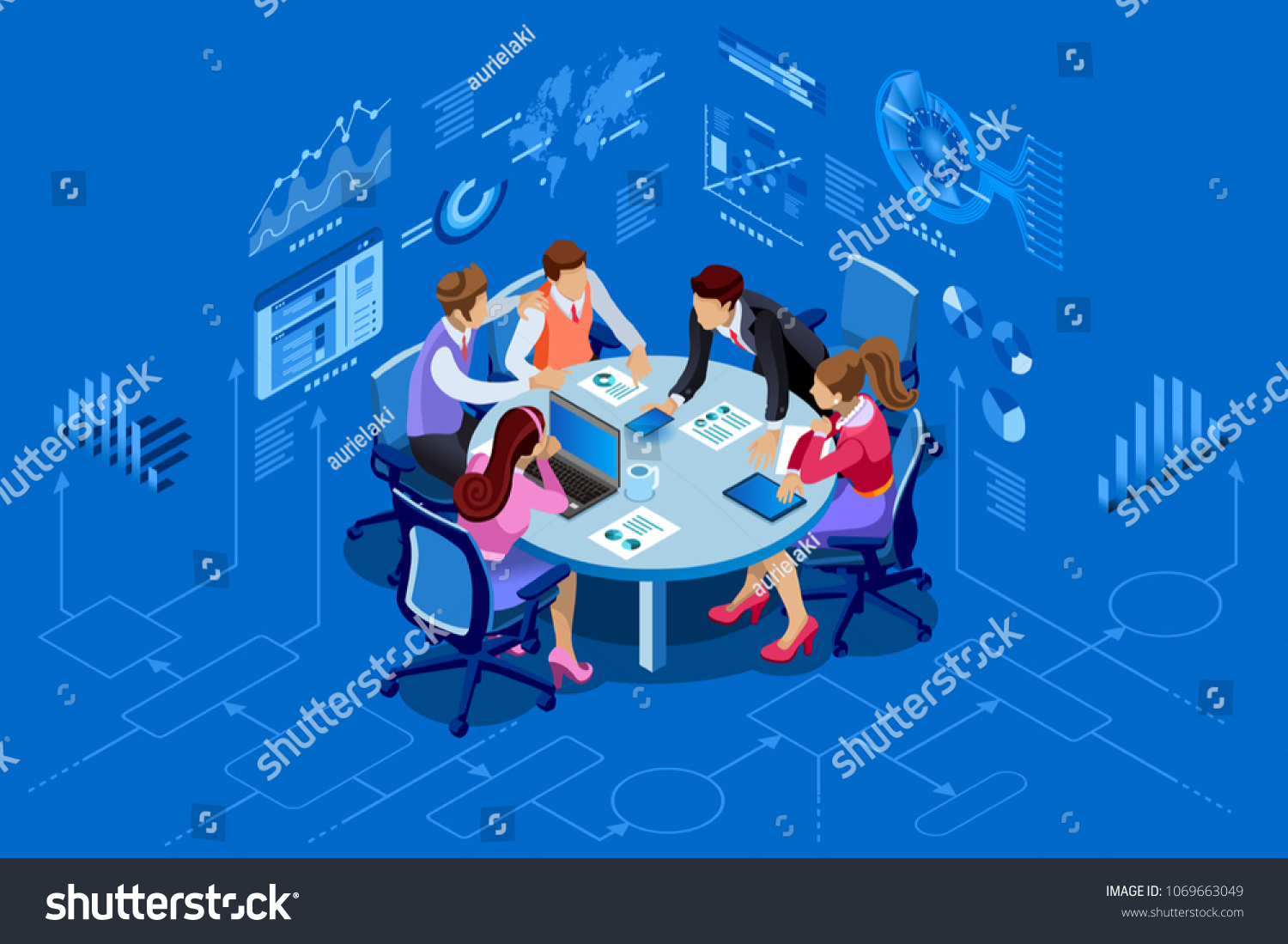 Isometric people team contemporary management concept. Can be used for web banner  infographics  hero images. Flat isometric vector illustration isolated on blue background.Â 