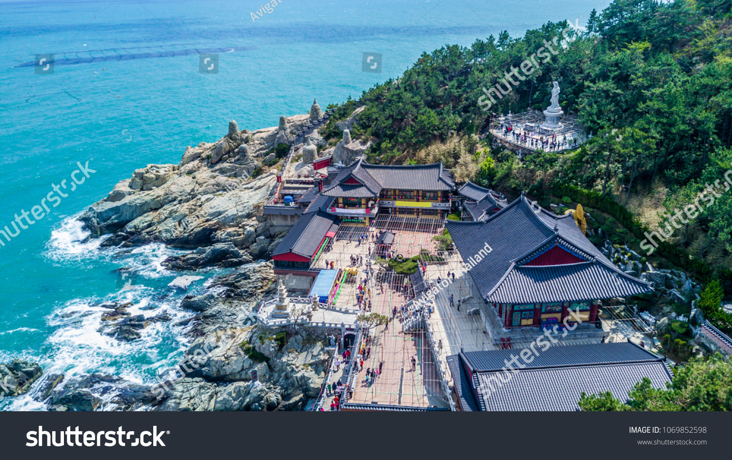 Aerial view Haedong Yonggungsa is most popular location for traveller in Busan  Haedong Yonggungsa Temple  Busan  South Korea