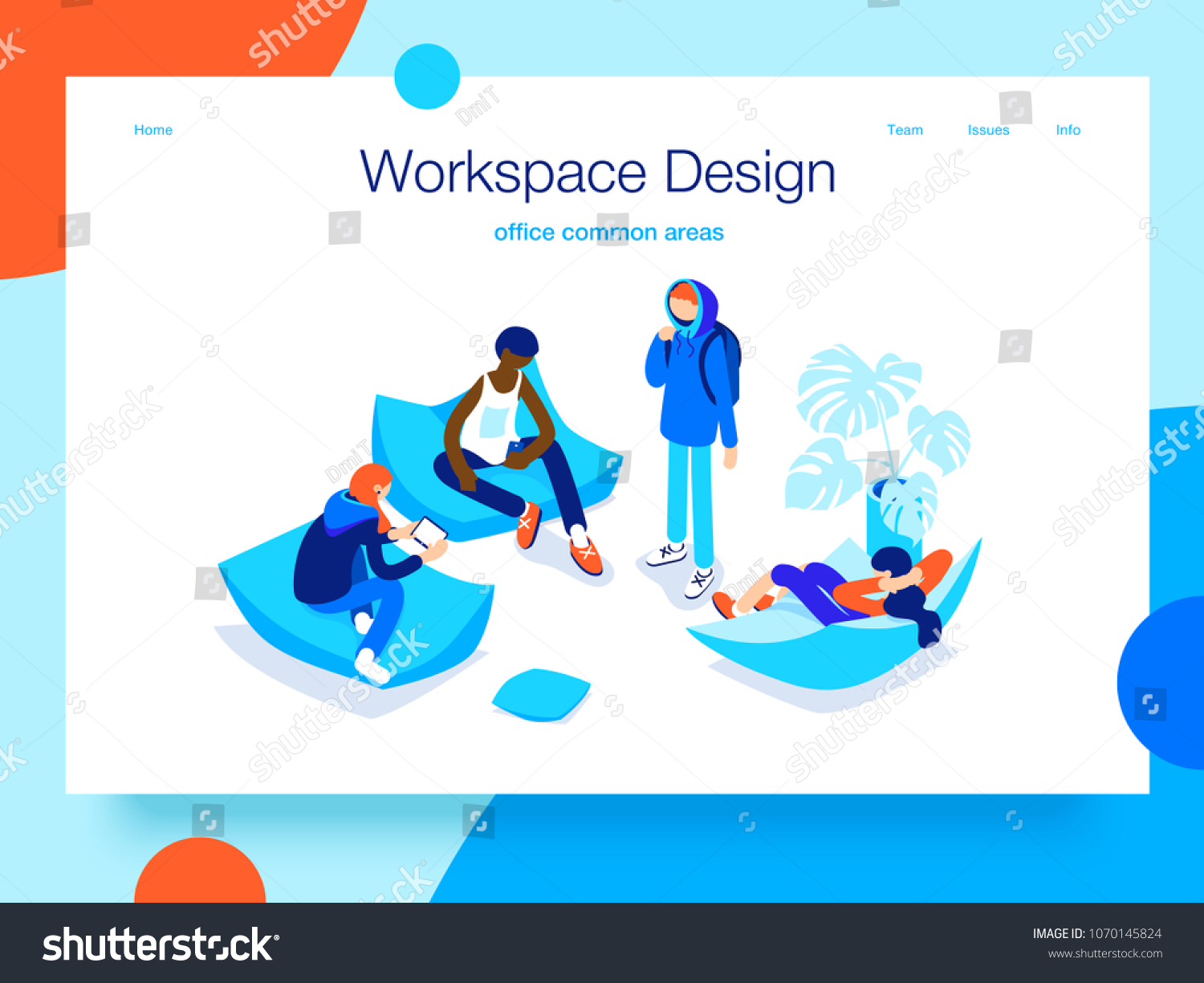 People resting and communicating in a common area. Open workspace and coworking. Landing page concept.3D isometric vector illustration.