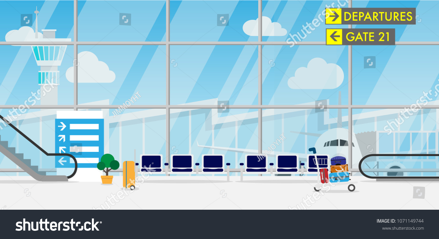 View of space in the airport terminal with long chair luggage cart escalators sign direction luggage and wide glass window which can see airplane airport terminal and ATC tower