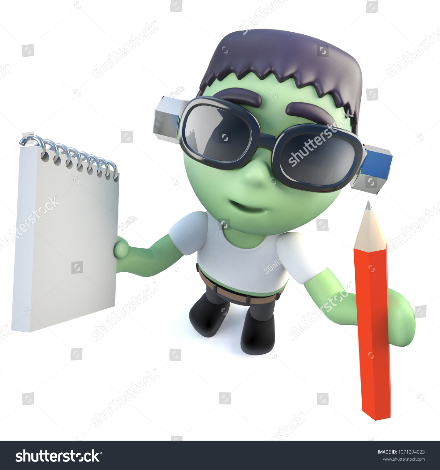 3d render of a funny cartoon frankenstein monster character holding a pencil and notepad